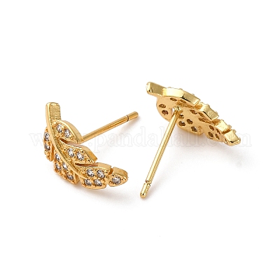 Серьги-гвоздики с перьями из прозрачного кубического циркония EJEW-P196-15G-1-1