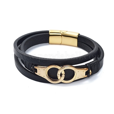 Мужские браслеты из черной искусственной кожи с вакуумным покрытием PVD BJEW-K243-40G-1