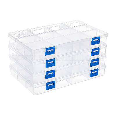 BENECREAT 4 Pack 18 Grids Large Transparent Plastic Storage Box Bead Organizer with Adjustable Dividers for Jewelry, Beads, Tools, Craft Accessories