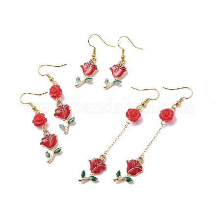 3 paires de breloques en alliage d'émail rouge de style 3 et boucles d'oreilles pendantes en perles de rose EJEW-JE05031-04-1