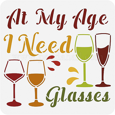 ベネクリートワインカップステンシル  私の年齢では12x12インチのメガネが必要です ペットペインティングテンプレート スクラップブッキング用のステンシルを描く  フロア家具  ウォールアート DIY-WH0172-959-1