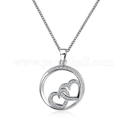 Silver Plated Brass Cubic Zirconia Heart To Heart Pendant Necklaces NJEW-BB16172-1