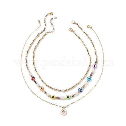 3 pièces 3 style pierre de lune blanche naturelle et résine mauvais œil colliers de perles ensemble NJEW-JN04026-1