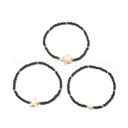 Set di braccialetti elasticizzati con perline di semi di turchese sintetico e semi di vetro da 3 stile 3 BJEW-TA00375-02-1