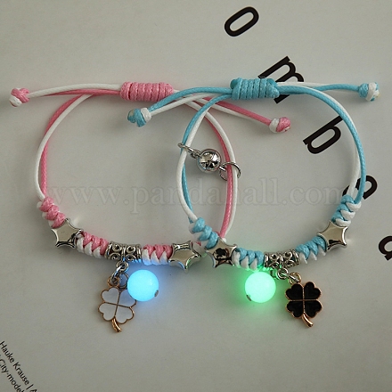 2 stücke 2 farbe leuchtende perlen & legierung emaille charms armbänder set VALE-PW0001-028H-1