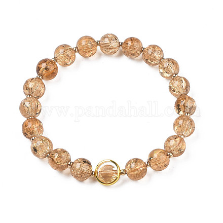 Round Glass Beaded Stretch Bracelet with Gold Plated Brass Ring for Women BJEW-N018-02F-1