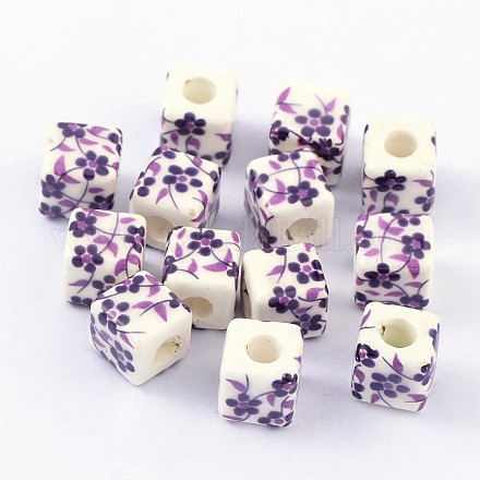 Porcelaine indigo prune fleur à la main imprimé perles en céramique X-PORC-Q157-1-1