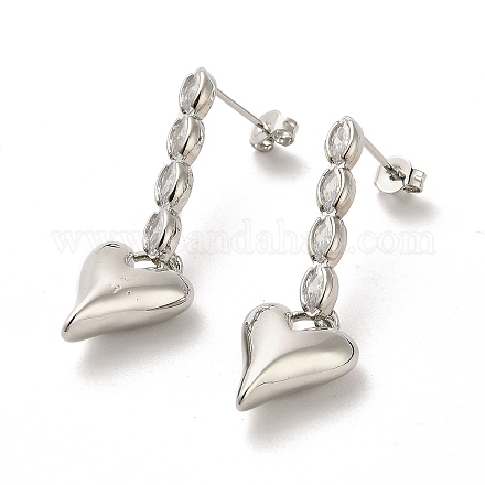 Серьги-гвоздики из латуни с микро-паве и прозрачным фианитом в форме сердца EJEW-M240-06P-1