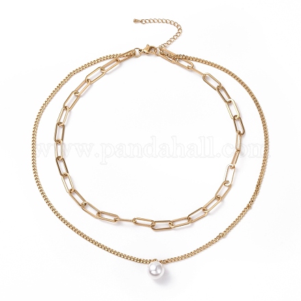 Placcatura sottovuoto 304 collana di collane multistrato a doppia catena in acciaio inossidabile con ciondolo di perle in plastica per donna STAS-E155-02G-1