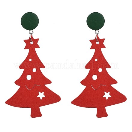 Christmas Tree Dyed Poplar Wood Dangle Stud Earrings EJEW-JE03359-02-1