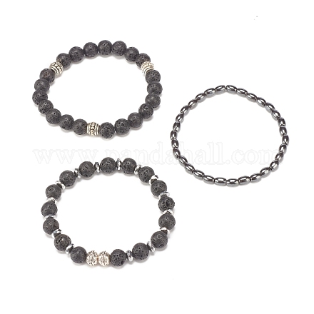 3pcs 3style roche de lave naturelle et alliage et ensemble de bracelets extensibles en perles d'hématite synthétique BJEW-JB07897-1