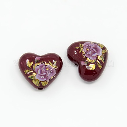 Perles cardiaques acryliques opaques de fleurs imprimés SACR-O001-03C-1