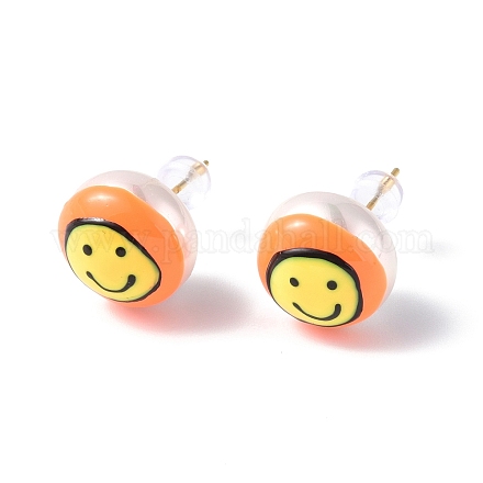 Natural Shell Smiling Face Stud Earrings with Enamel EJEW-G334-04B-1