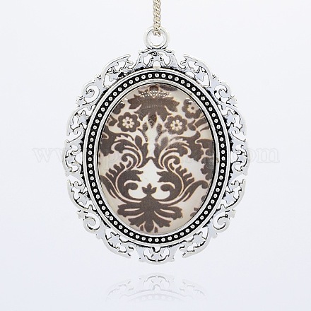 Antique Silver Plated Alloy Glass Oval Big Pendants GLAA-N0009-03-1