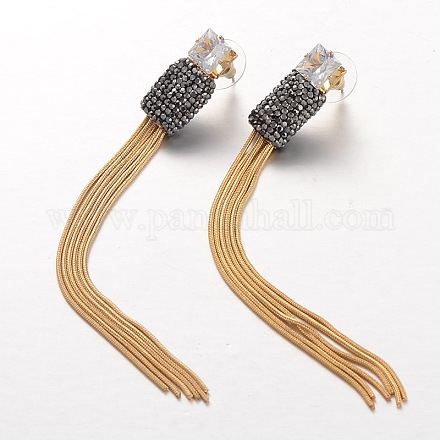 Fashionable Brass Tassel Polymer Clay Rhinestone Ear Studs X-EJEW-L149-01G-1