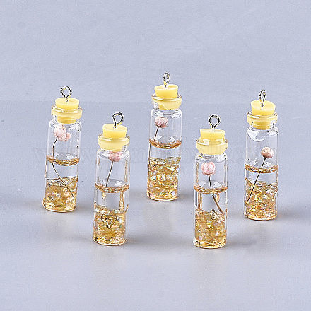 ガラス瓶の装飾  樹脂とドライフラワー入り  樹脂タンピオンと鉄パーツ  ゴールド  42~44x11mm  穴：2mm GLAA-S181-03C-1