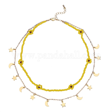 Doppelschicht-Halskette mit geflochtenen Blumen aus Glassamen NJEW-SW00015-01-1