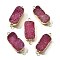 Natural Dyed Quartz Crystal Links Connector Charms, with Brass Findings, Rectangle, Light Gold, Cerise, 29.5~41x14.5~15.5x6.5~9.5mm, Hole: 2.5mm