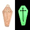 Halloween Theme Rack Plating Luminous Alloy Enamel Pendants, Glow in the Dark, Coffin with Cross Charm, Golden, 26x11.5x2.5mm, Hole: 1.4mm