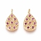 Brass Micro Pave Cubic Zirconia Pendants, Cadmium Free & Lead Free, Teardrop, Golden, Magenta, 14x8.5x2.5mm, Hole: 1.4mm