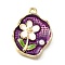 Alloy Enamel Pendants, with ABS Imitation Pearl, Oval with Flower, Rack Plating, Long-Lasting Plated, Lead Free & Cadmium Free & Nickel Free, Golden, Purple, 24.5x19.5x4mm, Hole: 1.8mm