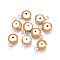 304 Stainless Steel Enamel Charms, Flat Round with Evil Eye, Stainless Steel Color, Orange, 8.5x6x4mm, Hole: 1mm
