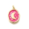 Rack Plating Brass Enamel Pendants, with Jump Ring, Long-Lasting Plated, Lead Free & Cadmium Free, Oval with Moon & Star Charms, Real 18K Gold Plated, Hot Pink, 18.5x14x3mm, Hole: 3.5mm