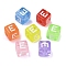 Spray Painted Transparent Acrylic Beads, Cube with Letter, Mixed Color, Letter E, 9.5x9.5x10mm, Hole: 3.8mm, about 570pcs/500g
