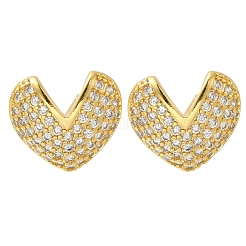 Серьги-гвоздики из латуни с покрытием в виде стойки с прозрачным фианитом в форме сердца&nbsp;EJEW-I310-01G