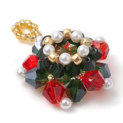 クリスマスガラスペンダント  シードビーズとプラスチックパール付き  クリスマスリース  ホワイト  33.5x26.5x9.7mm  穴：3.9mm&nbsp;PALLOY-JF03010-03