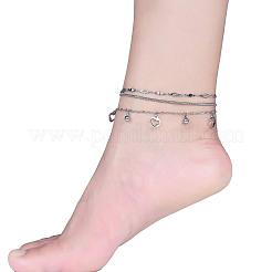 201 нержавеющая сталь подвеска в виде сердца ромбовидная цепочка змейка 3 слой браслеты на ногу для женщин&nbsp;FS-WG79E4C-02