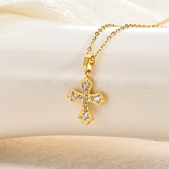 Collana con ciondolo a croce religiosa in acciaio inossidabile 304 con micro pavé di zirconi cubici trasparenti per donna&nbsp;WG29A99-01