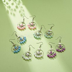 合金バタフライ ダングル イヤリングをあしらったガラス パール ビーズのビッグ リング  女性のための真鍮のアクセサリー  ミックスカラー  52mm  ピン：0.5mm&nbsp;EJEW-JE05048