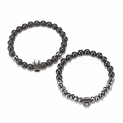 2 pz 2 bracciali elastici in ematite sintetica e pietra nera e ossidiana naturale con teschio in zirconia cubica&nbsp;BJEW-JB08120