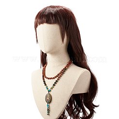 観音菩薩ペンダントネックレス付きovl  天然溶岩とインペリアルジャスパーとインドネシアとウッドビーズのネックレス  仏教の数珠ネックレス108個  42.52インチ（108cm）&nbsp;NJEW-JN03697