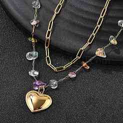 Ожерелья с подвеской в виде сердца из нержавеющей стали 304 и натуральных смешанных камней с разноцветной крошкой для женщин NJEW-Z061-06G-02