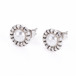 304ステンレススチールスタッドピアス  白いアクリルビーズとピアスキャッチ  フラットラウンド  ミックスカラー  9.5x3.5mm  ピン：0.7mm  6のペア/カード&nbsp;EJEW-I236-04