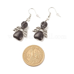 Серьги-подвески с черепом из синтетической бирюзы и крыльями EJEW-JE04944-03