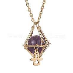 Латунный мешочек в технике макраме с натуральным аметистом внутри и подвеской из нержавеющей стали 304 для женщин NJEW-JN05607-03