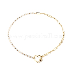 Cubic Zirconia Round Beaded Necklace, Brass Paperclip Chains Necklace with Screw Carabiner Heart Lock Clasp for Women, Golden, Clear, 16.14 inch(41cm)