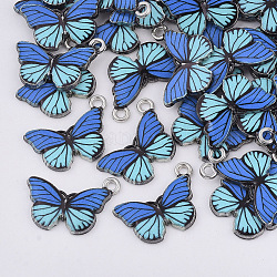 Printed Alloy Pendants, with Enamel, Butterfly, Platinum, Royal Blue, 13x20x2mm, Hole: 1.6mm