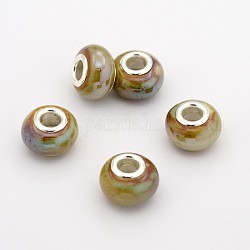 Rondelle main porcelaine grand trou perles européennes, avec platine plaqué doubles noyaux de cuivre, verge d'or, 15x10mm, Trou: 5mm