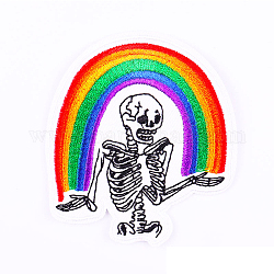 Totenkopf hält Regenbogen computergesteuerte Stickerei Stoff zum Aufbügeln/Nähen auf Patches, Kostüm-Zubehör, Applikationen, Farbig, 73x67 mm