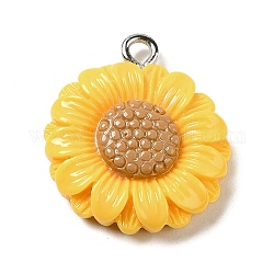 Opaque Resin Pendants, Sunflower Charms with Platinum Plated Iron Loops, Gold, 21x18x5.5mm, Hole: 2mm