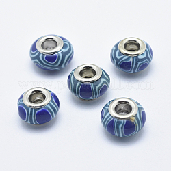 Handgemachte  europäischen Fimo-Perlen, mit versilberten Messingkernen, Großloch perlen, Rondell, Preußischblau, 13~16x8~11 mm, Bohrung: 4.5~5 mm
