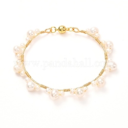 Braccialetto intrecciato di perle naturali per ragazze adolescenti, bracciale rigido in ottone con fibbie magnetiche, oro, diametro interno: 2-1/4 pollice (5.6 cm)