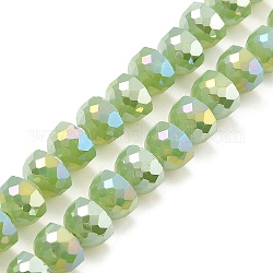 Hebras de cuentas de vidrio con placa de color ab, imitación de jade, medio redondo facetas, verde amarillo, 7~7.5x5mm, agujero: 1 mm, aproximamente 80 pcs / cadena, 20.87''~21.26'' (53~54 cm)