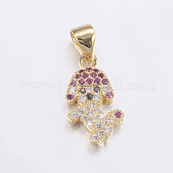 Brass Micro Pave Cubic Zirconia Puppy Pendants, Long-Lasting Plated, Real 18K Gold Plated, Dog Charms, 15x9x2.5mm, Hole: 3x4.5mm