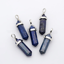 Pendentifs pointus en lapis lazuli naturel à double terminaison, avec les accessoires en alliage, balle, platine, 38~45x12mm, Trou: 3x5mm, pierre précieuse: 10 mm de diamètre