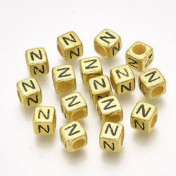 Perline acrilico, foro orizzontale, metallico cromato, cubo con letter.n, 6x6x6mm, 2600pcs/500g